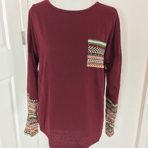 Womens Wine Red Longsleeve Pocket Tee Shirt Large